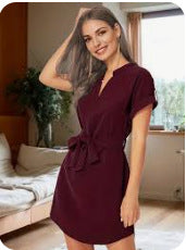 Women’s V-Neck Short Sleeve Bowknot Belted Summer Dress