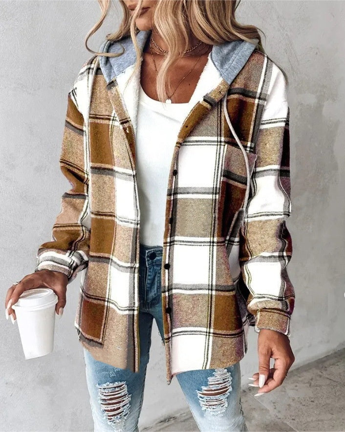 Women’s Plaid Hooded Jacket Casual Button Pocket Coat