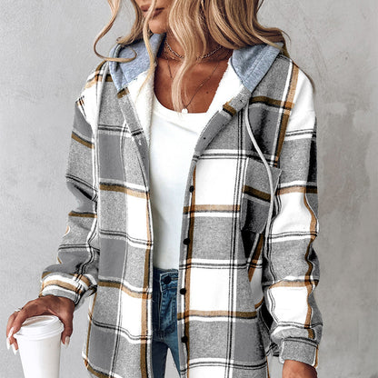 Women’s Plaid Hooded Jacket Casual Button Pocket Coat