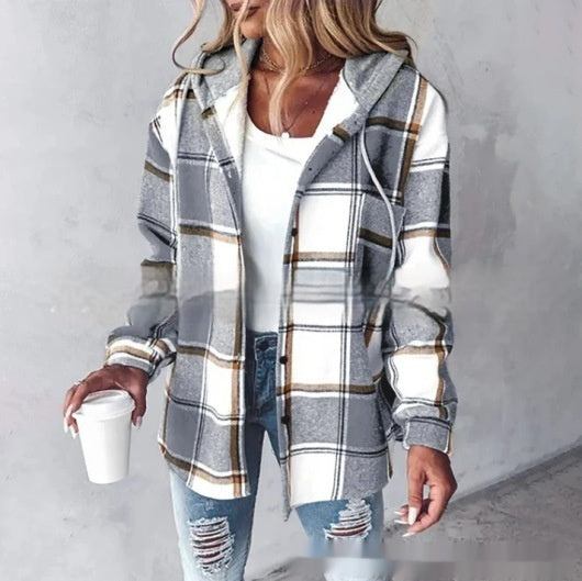 Women’s Plaid Hooded Jacket Casual Button Pocket Coat