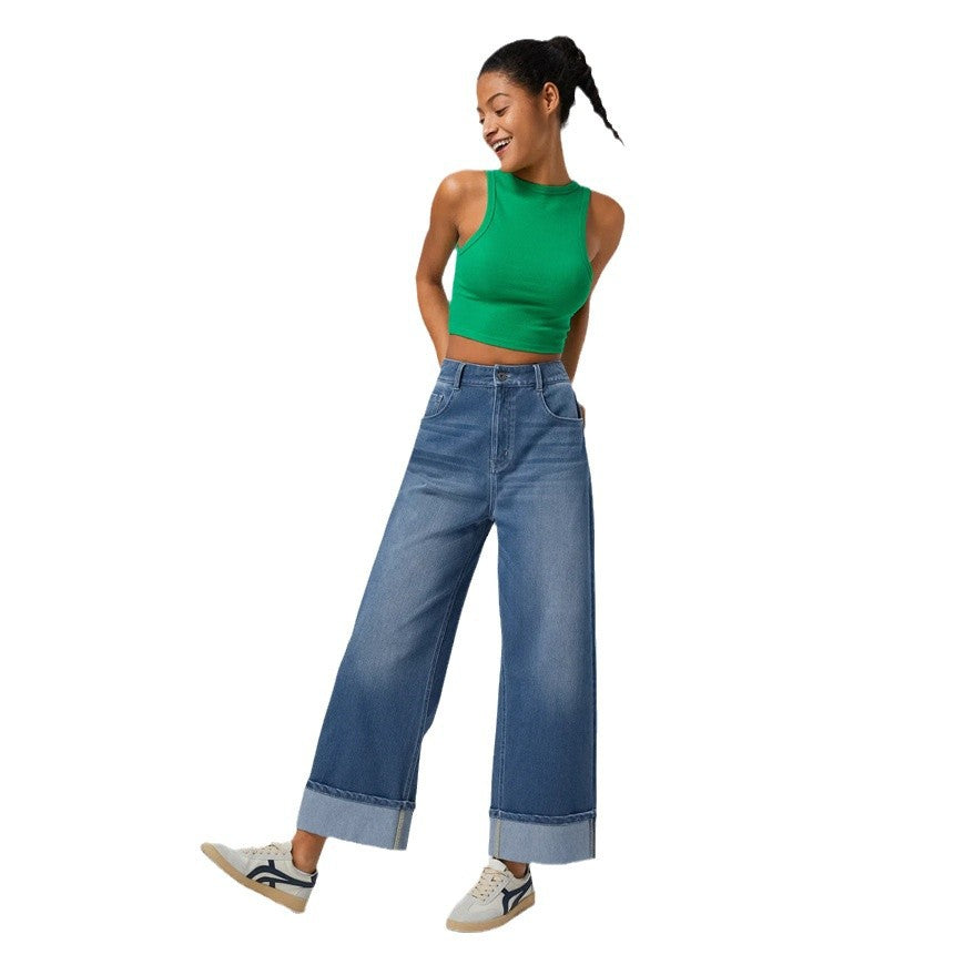 High waisted Trousers foot Curling Straight Jeans