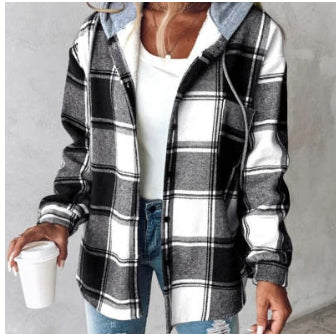Women’s Plaid Hooded Jacket Casual Button Pocket Coat
