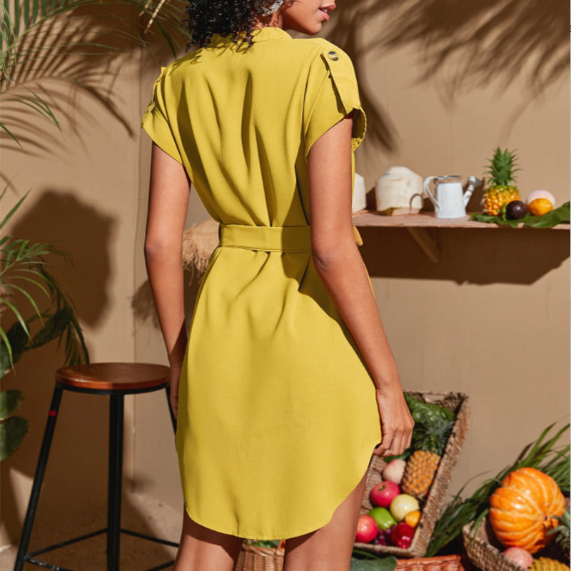 Women’s V-Neck Short Sleeve Bowknot Belted Summer Dress