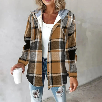 Women’s Plaid Hooded Jacket Casual Button Pocket Coat