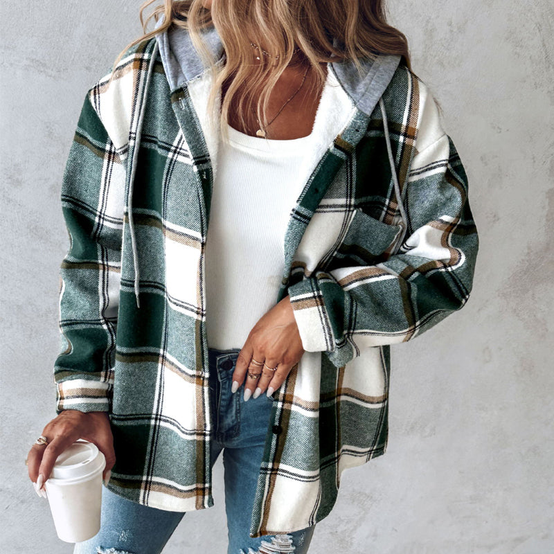 Women’s Plaid Hooded Jacket Casual Button Pocket Coat