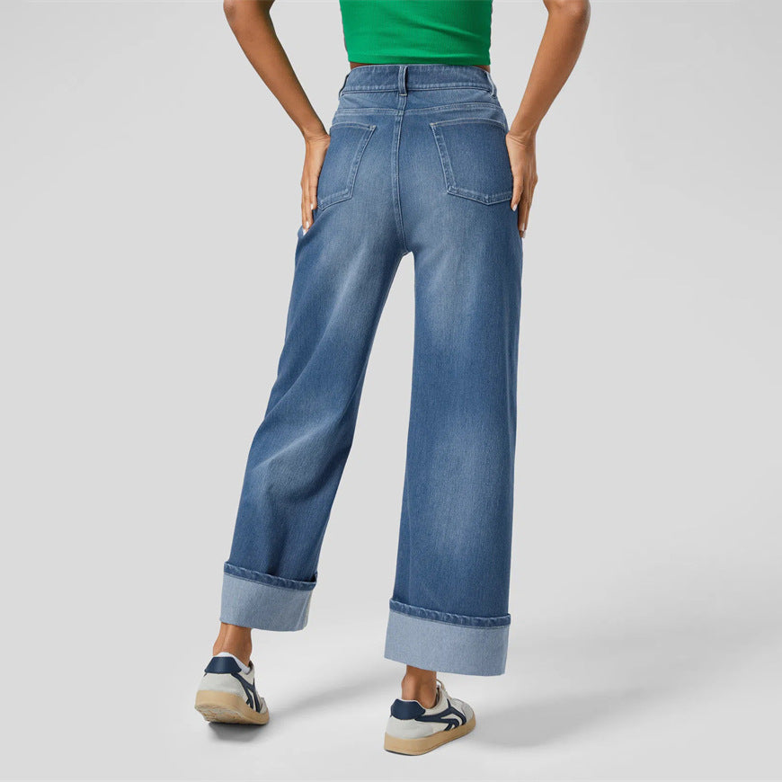 High waisted Trousers foot Curling Straight Jeans