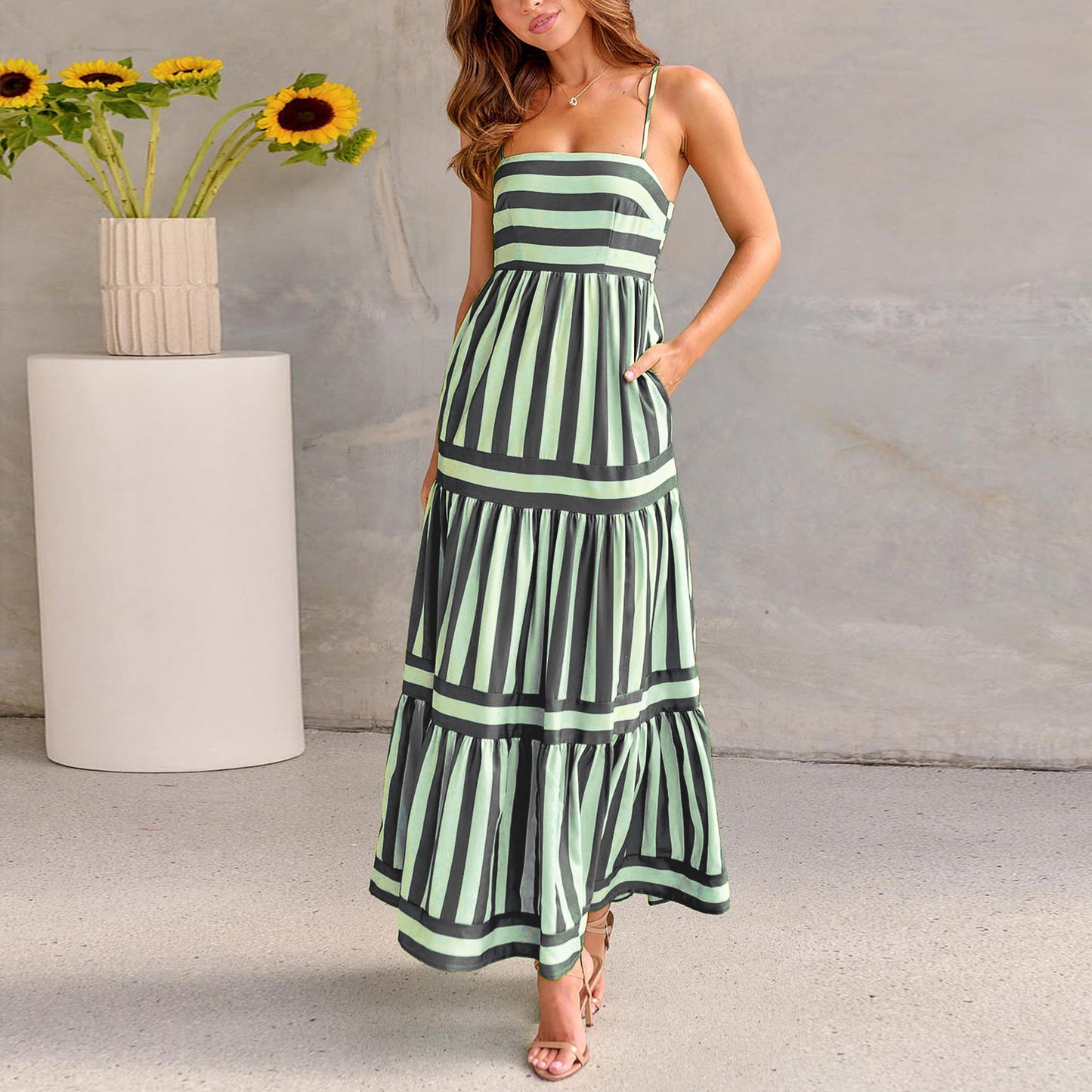 Women’s Summer Striped Suspender Dress with Pockets