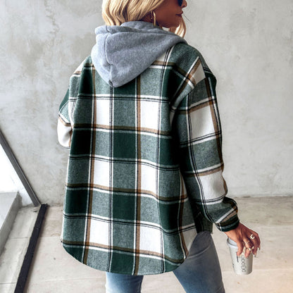 Women’s Plaid Hooded Jacket Casual Button Pocket Coat