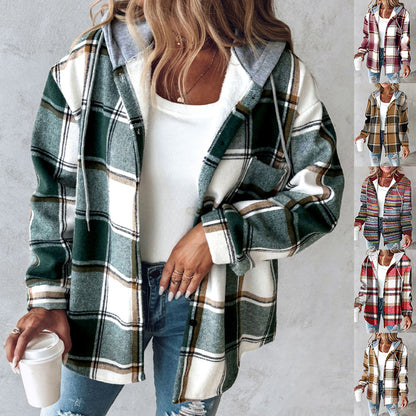 Women’s Plaid Hooded Jacket Casual Button Pocket Coat