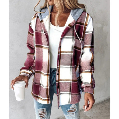 Women’s Plaid Hooded Jacket Casual Button Pocket Coat