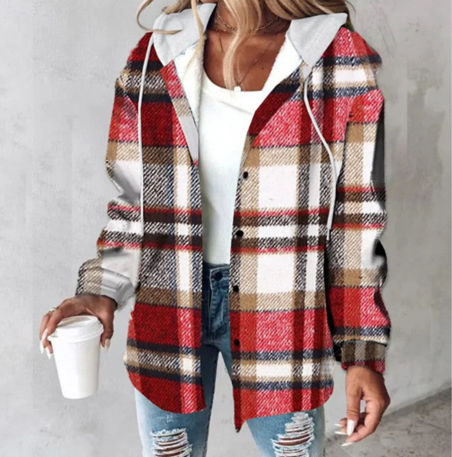 Women’s Plaid Hooded Jacket Casual Button Pocket Coat