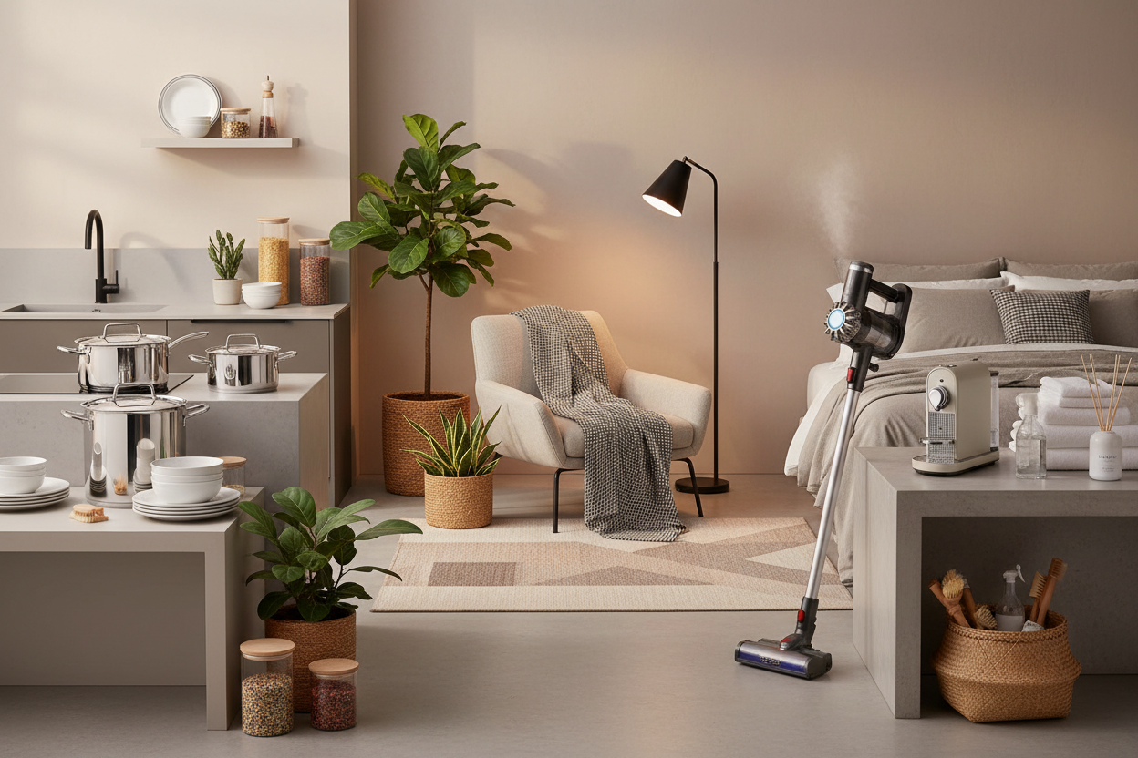 Modern home and lifestyle banner featuring kitchenware, cookware, storage containers, home decor, lighting, cleaning tools, bedding, plants, dining accessories and small appliances arranged beautifully, warm lighting, cozy home atmosphere, premium ecommerce style, ultra realistic, high resolution, no text, no logo