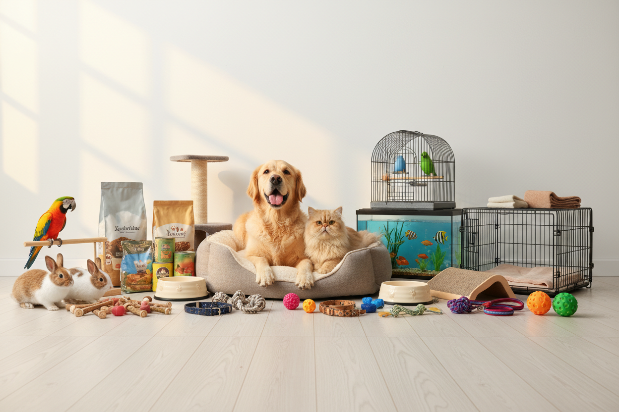 Premium ecommerce banner showing all types of pets and pet products together — dogs, cats, birds, fish, rabbits with pet food, toys, beds, collars, leashes, bowls, grooming tools, cages, aquariums — clean modern background, warm lighting, happy pets, ultra realistic, high quality, no text, no logo