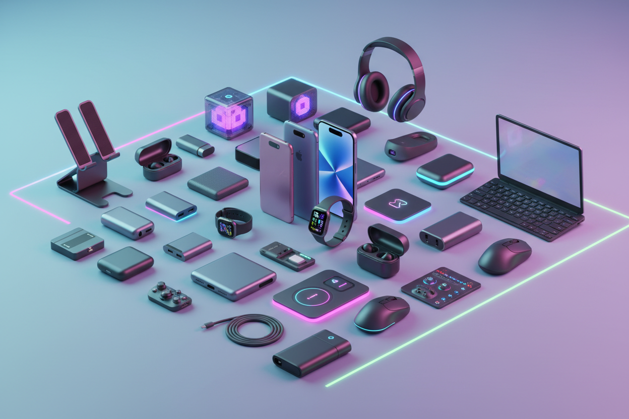 Ultra-modern ecommerce banner showing all types of tech accessories together — smartphones, smartwatches, wireless earbuds, headphones, power banks, charging cables, wireless chargers, Bluetooth speakers, laptop accessories, gaming accessories — arranged cleanly with premium lighting, futuristic style, soft neon glow, very light colour gradient background, ultra-realistic, 8K quality, no text, no branding